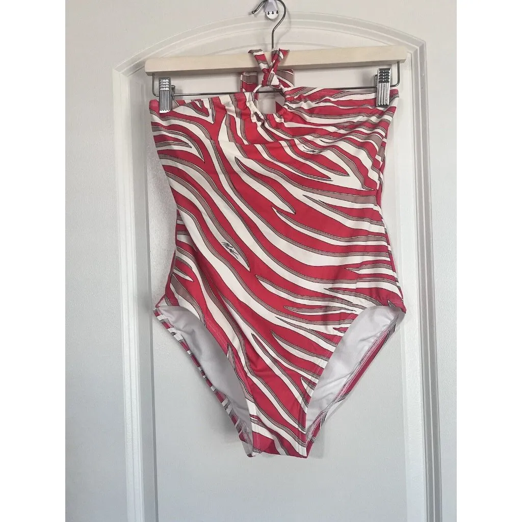 MICHAEL Michael Kors Logo Ring Halter One‎ Piece Swimsuit Mod Zebra 8 Geranium - Image 3