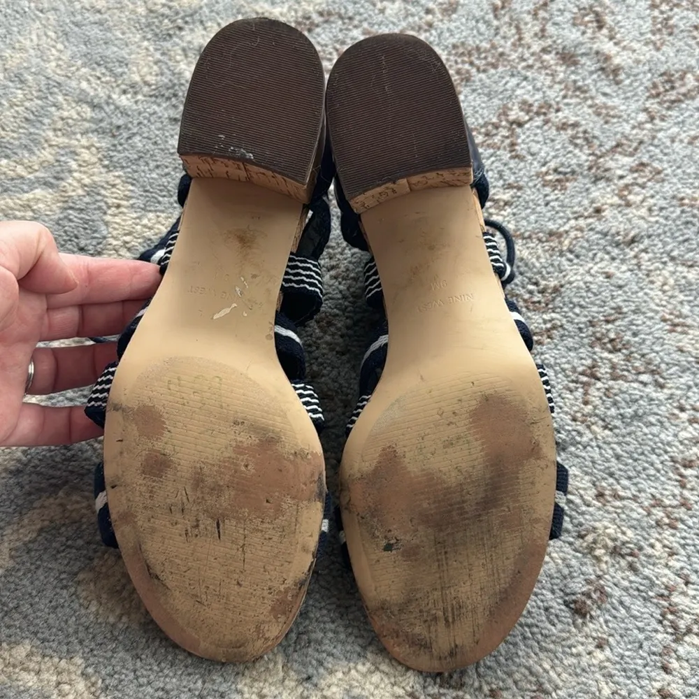 Nine West Ghobio Cork Heel Dress Sandals Navy White 9 - Image 6