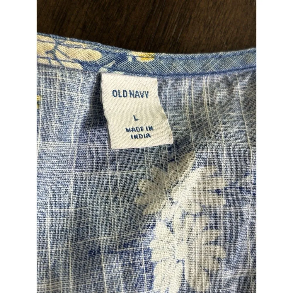 Old Navy Cotton Blue Wrap Front Dress Long Sleeve Yellow Floral Daisy Large - Image 6