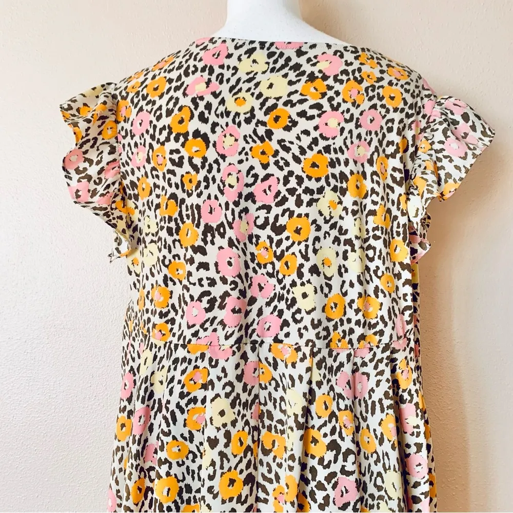 Cato Cream, Pink, Orange, Yellow & Brown Leopard Floral High Low Blouse. - Image 7