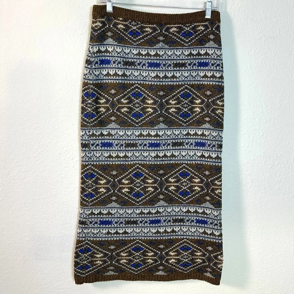 Vintage 70s Wool Acrylic Fair Isle Midi Sweater Skirt Size Small Brown Blue - Image 4