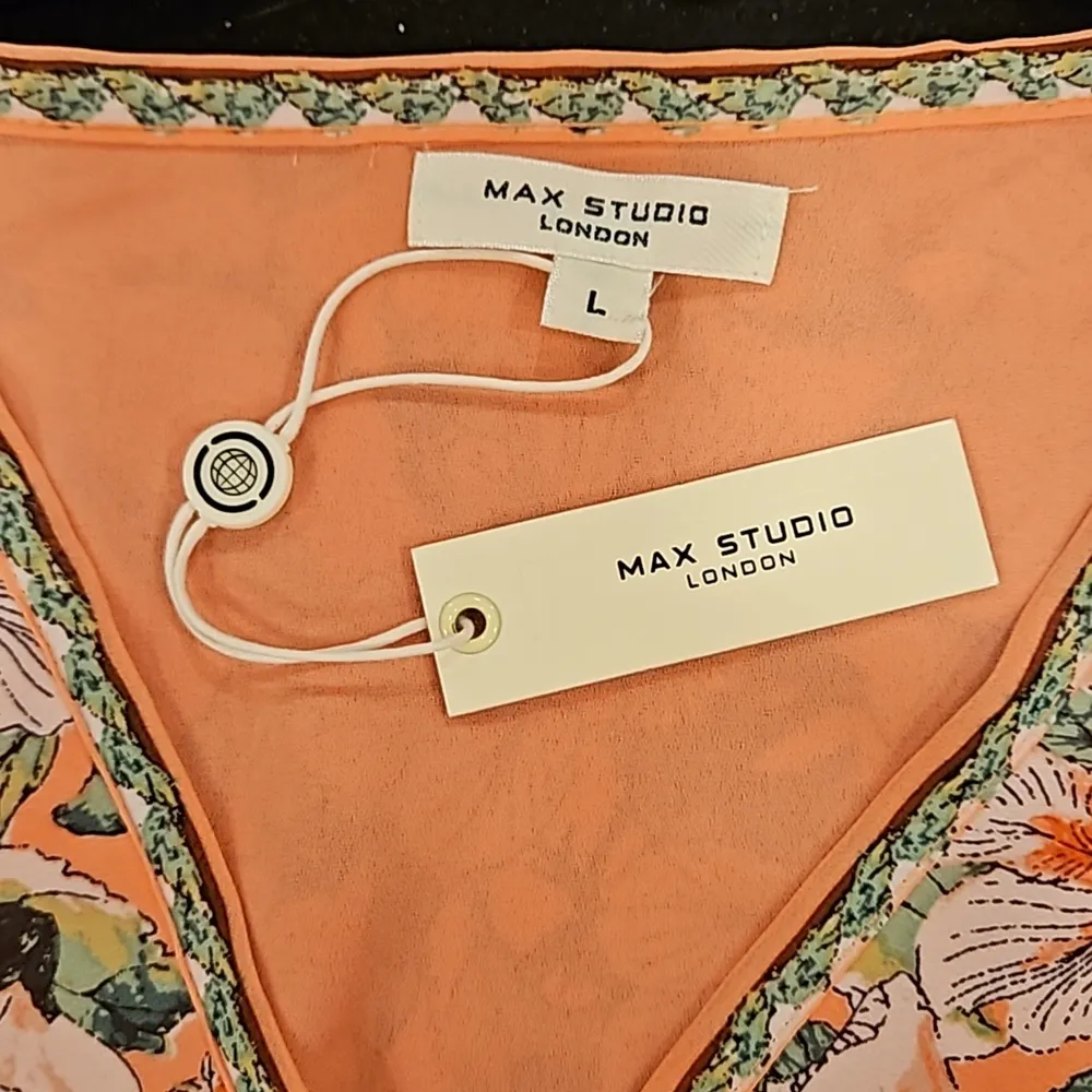 MAX STUDIO Geometric Floral Print Smocked Waist Dress Coral Green Hibiscus L NWT - Image 6