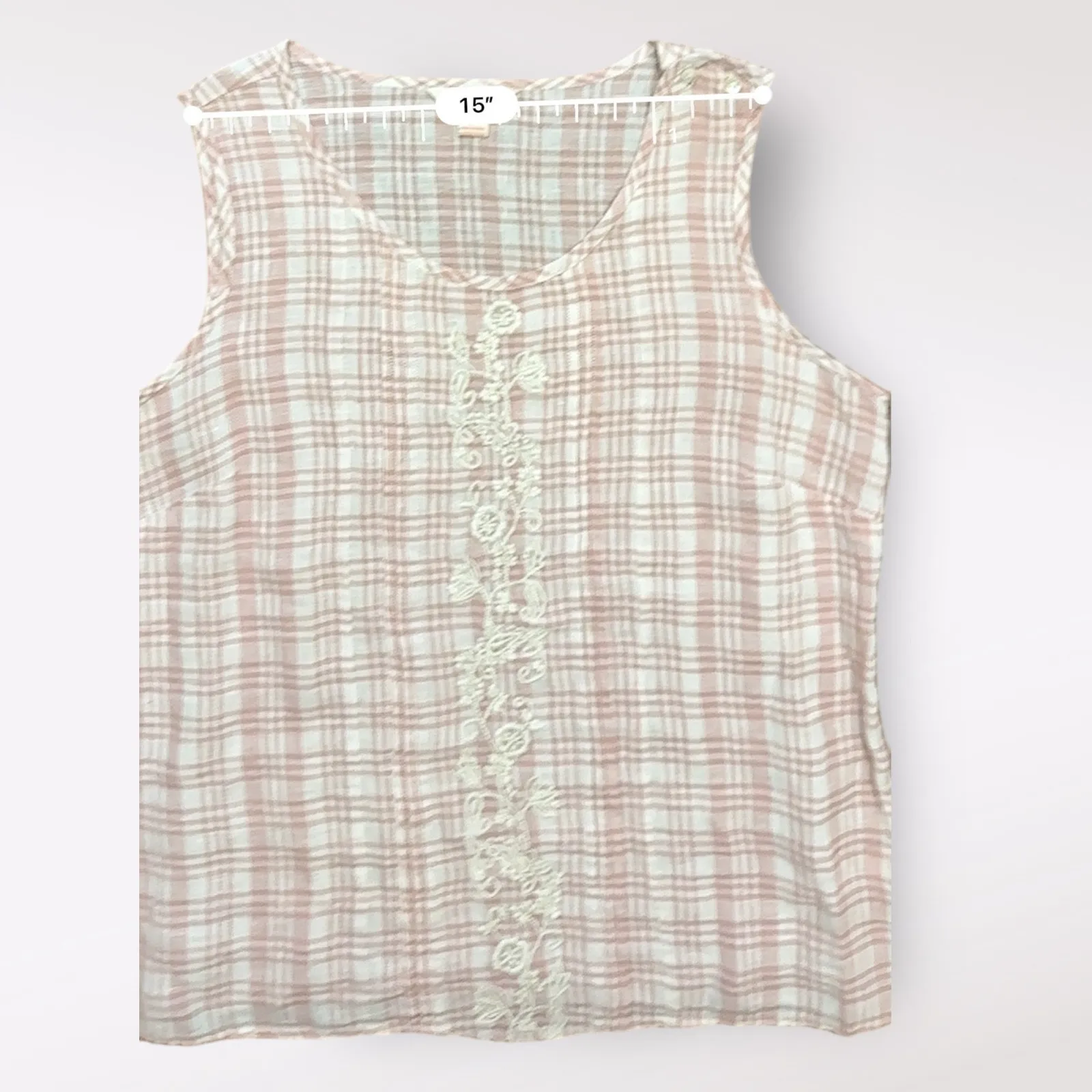 April Cornell Linen‎ Tank L Pink White Plaid Sleeveless Boho Cottagecore Size L - Image 5