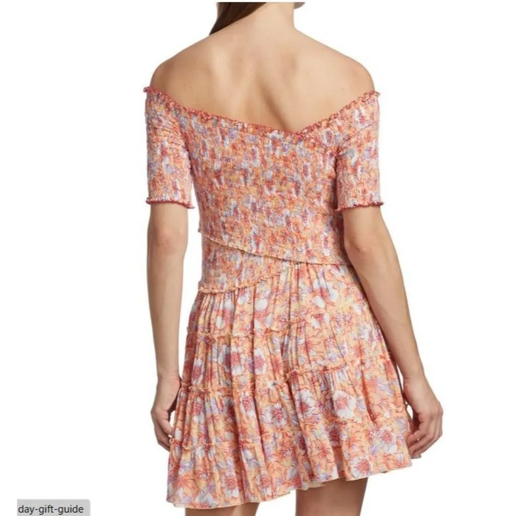 NEW/NWT Poupette St Barth Soledad Floral Print Smocked Mini Dress Size Small Orange - Image 3