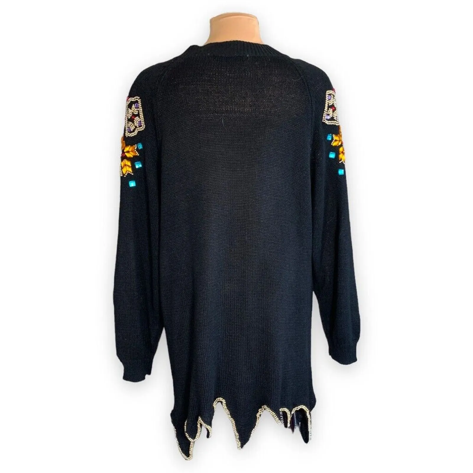Vintage 80s Maggie Lawrence Black Jewel Beaded Knit Sweater Dress Art To Wear Size L - Image 7
