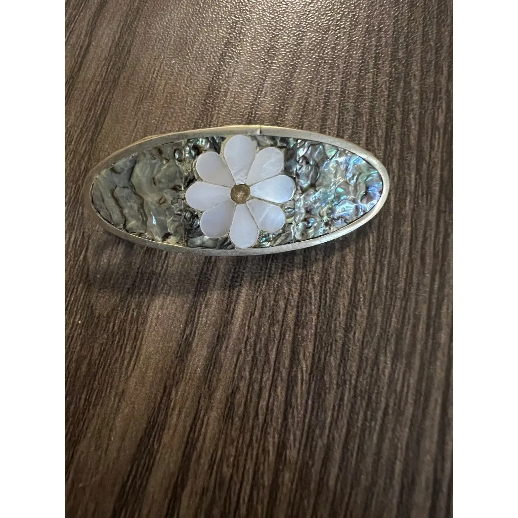 Vintage Mexican Abalone & Mother Of Pearl Flower Hair Clip Barrette Silver - Image 5