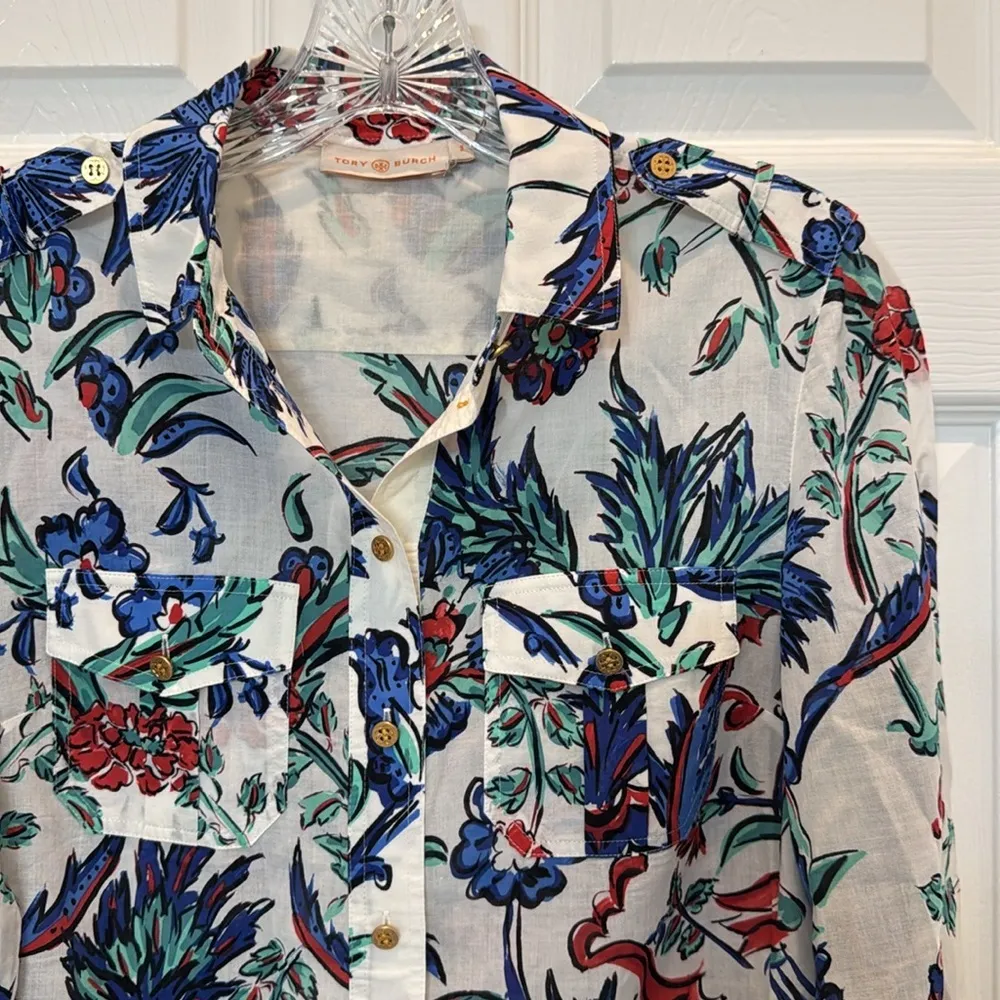 Tory Burch Floral Long Sleeve Button Down Shirt Size 2 - Image 4