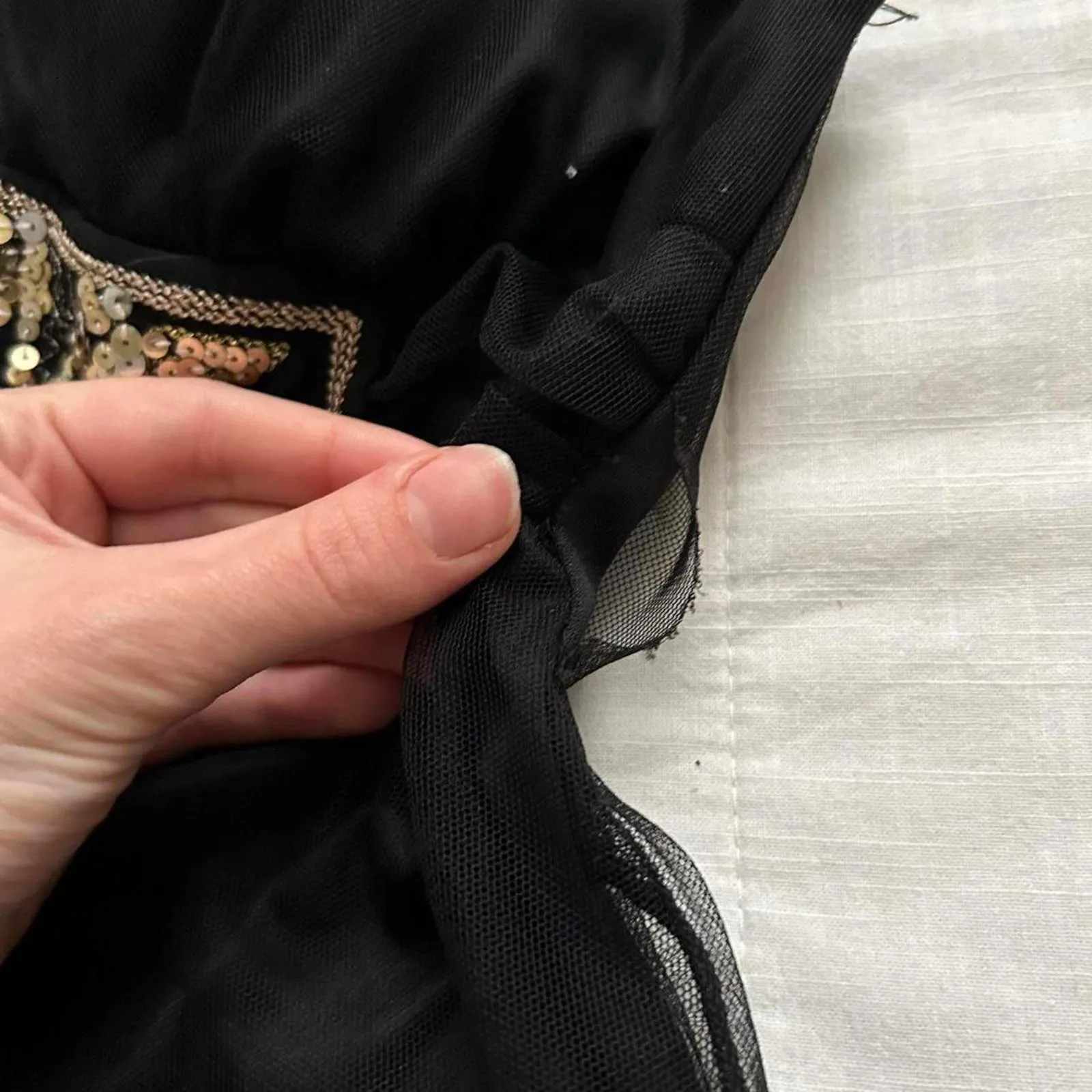 Y2K Ruby Rox Black halter dress gold beading, sheer tulle overlay Size medium - Image 4