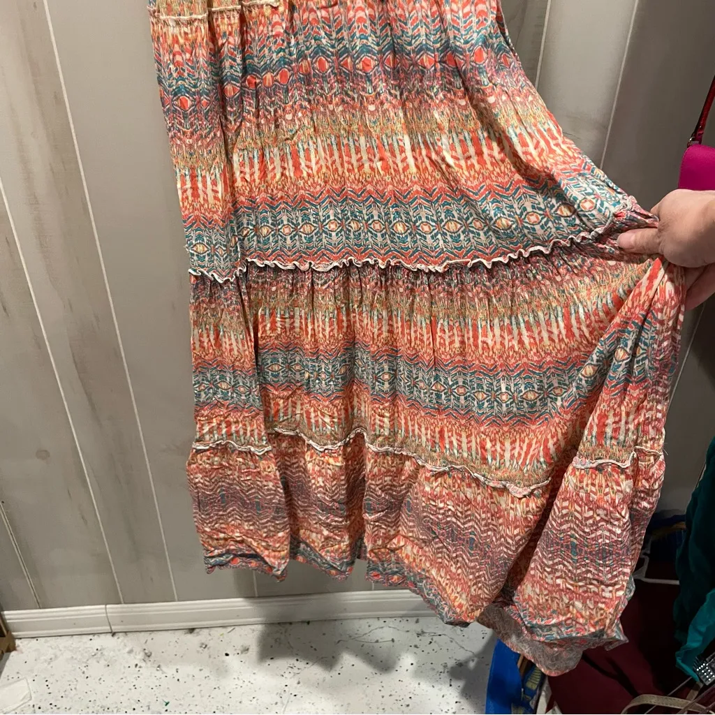 Cute stretchy tiered shell button front maxi dress aztec boho breezy smocked - Image 14