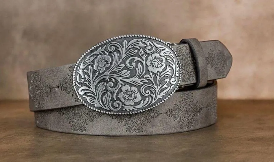 Gray Fashionable Embossed Faux Leather‎ Belt Oval Flower Leaf Buckle Stylish - Image 9