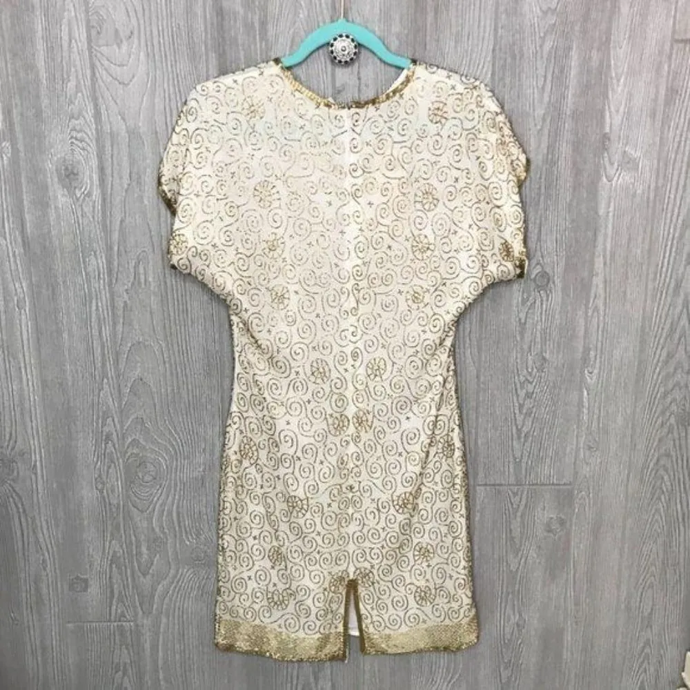 Nwt laurence kazar beaded scroll formal capped sleeve dress gold & white silk pl - Image 11