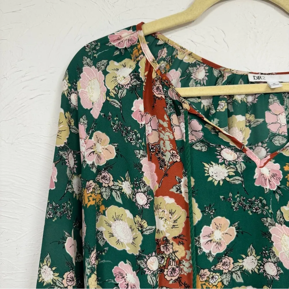 Daniel Rainn DR2 Mixed Floral Green Orange Pink Puff Sleeve Blouse Womens M Boho - Image 12