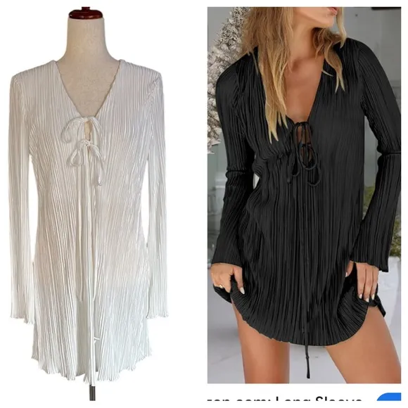 Lancifolium Pleated Long Sleeve Satin Mini Dress or Coverup - Image 2