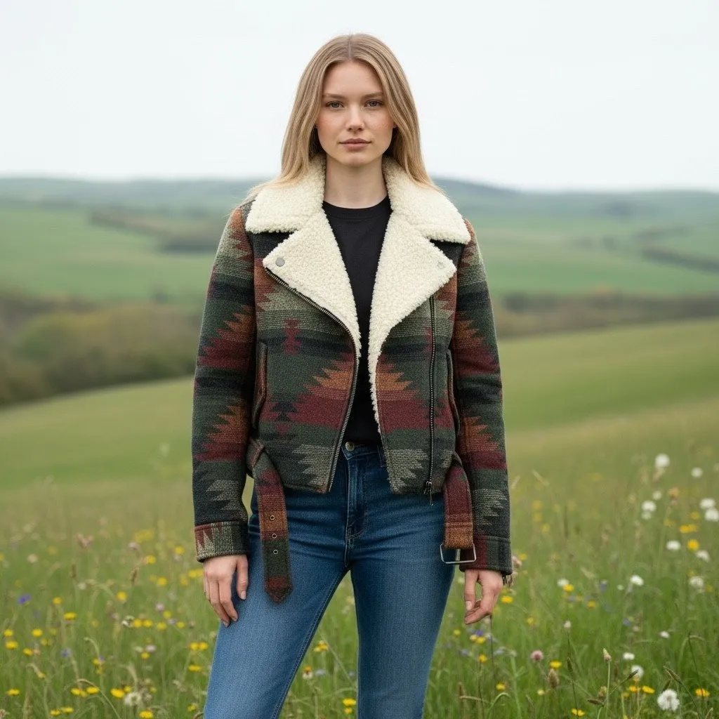 Free People Wool Blend Moto Jacket – Southwestern Aztec Print Sherpa Size Medium - Image 2