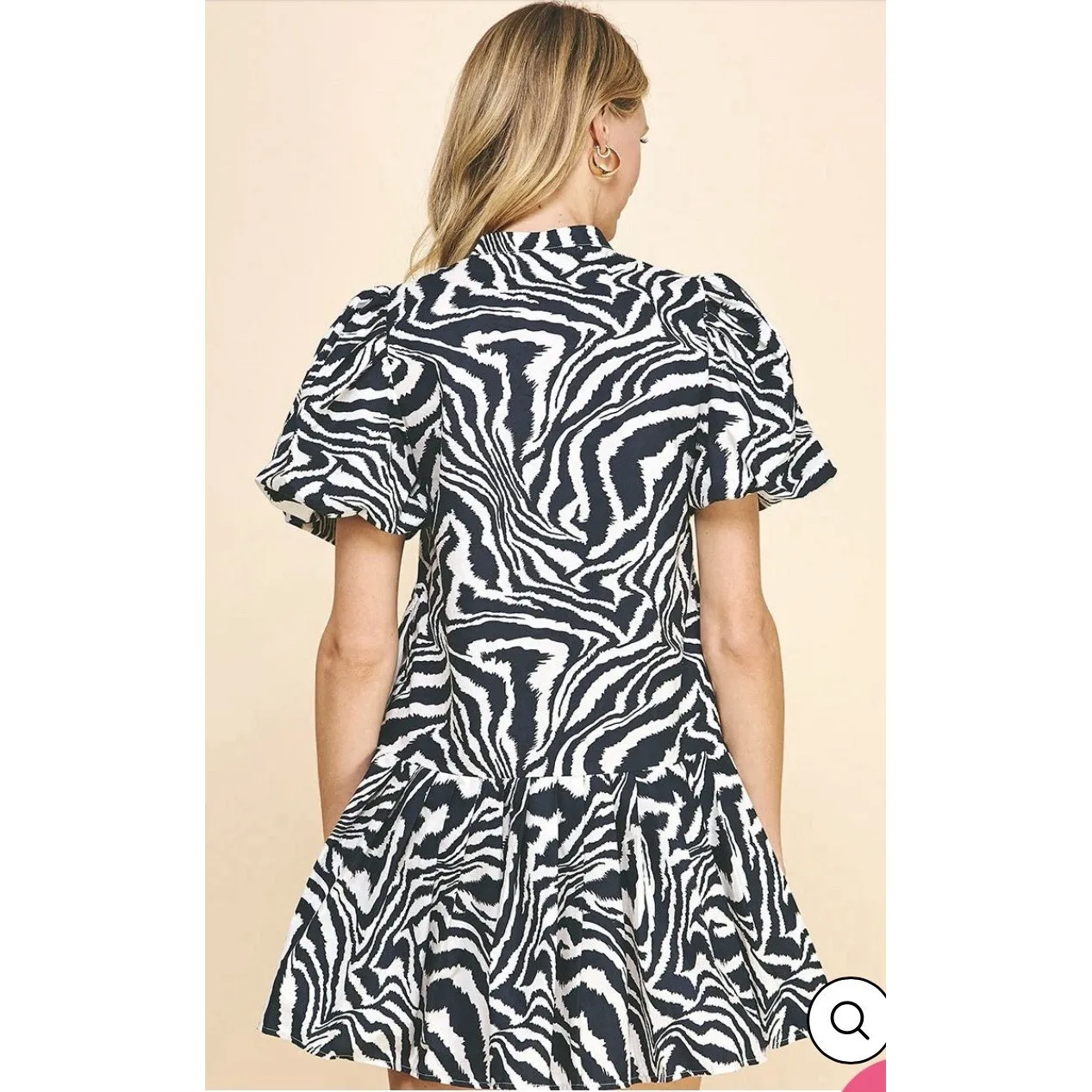 Pinch Zebra Animal Print Mini Dress Women's M Navy Short Puff Sleeves Dress NEW Size M - Image 4
