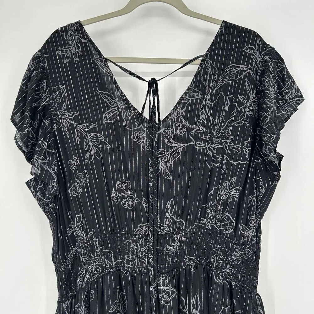 NEW Gap Black Floral Tiered Midi Dress Smocked Flutter Sleeves Metallic Size XXL - Image 7
