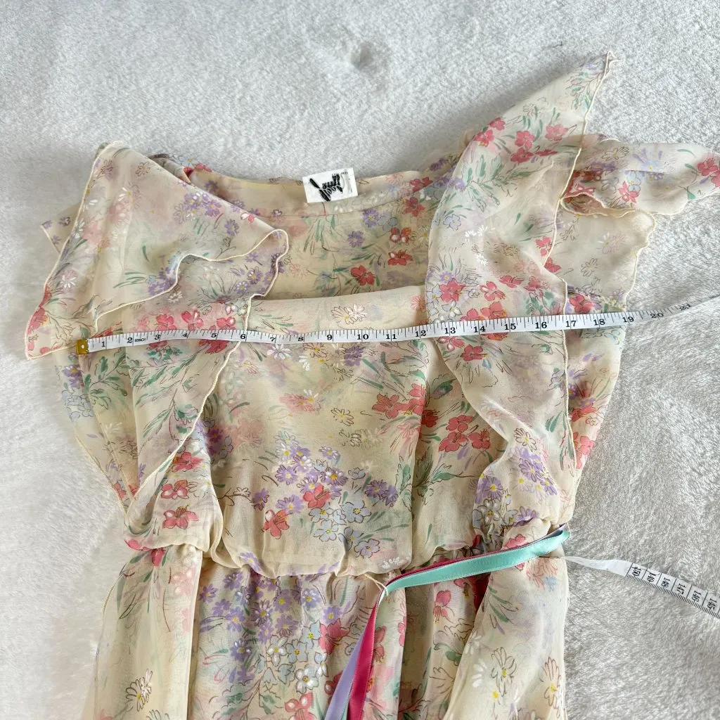 Jeri Modes Vintage‎ 70s Sheer Chiffon Floral Midi Dress Womens M Pink Tie Waist Size M - Image 5