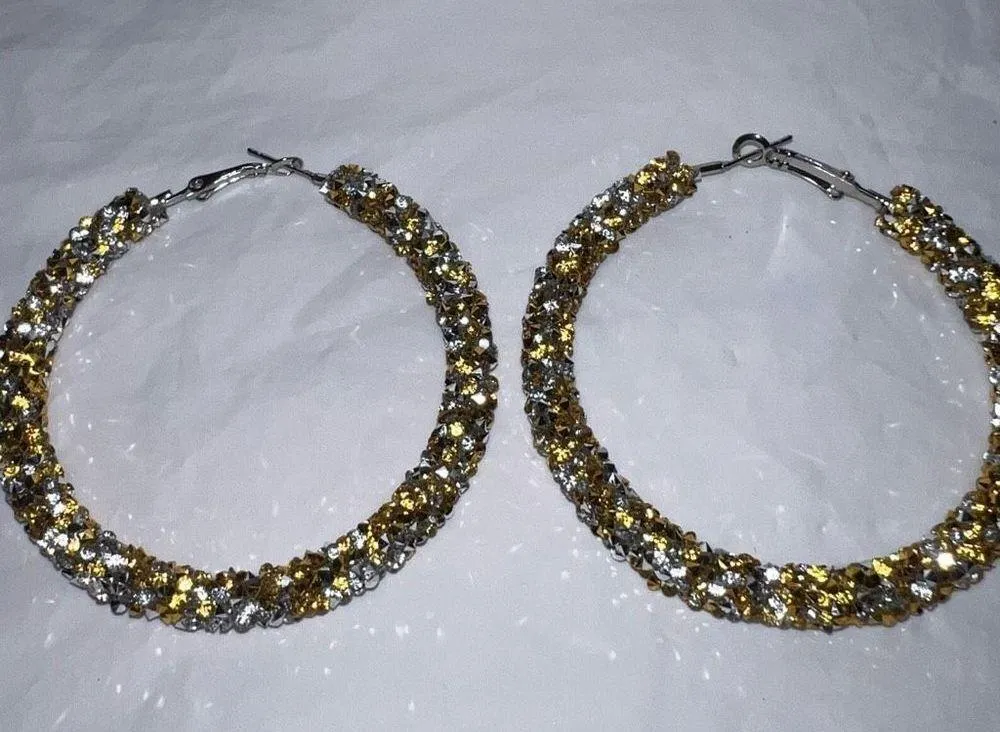 Silver and Gold Chunky Sparkle Hoop Earrings Gold - Image 5