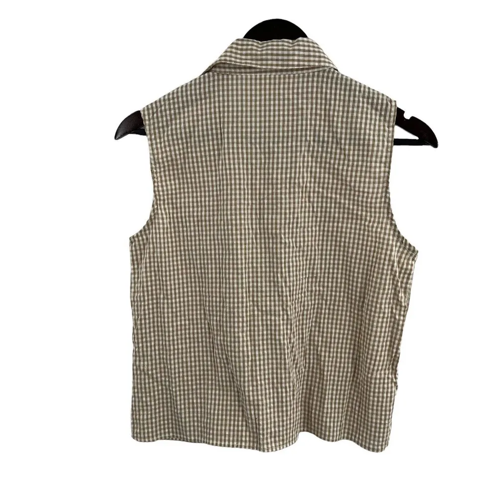 Sim & Sam Button Down Sleeveless Pockets Tan and White Gingham Size Small - Image 2