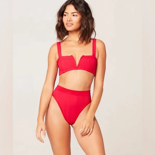 L*SPACE Frenchi‎ Bottom Bitsy Cut High Waist Bikini Pointelle Rib Red Large New - Image 3