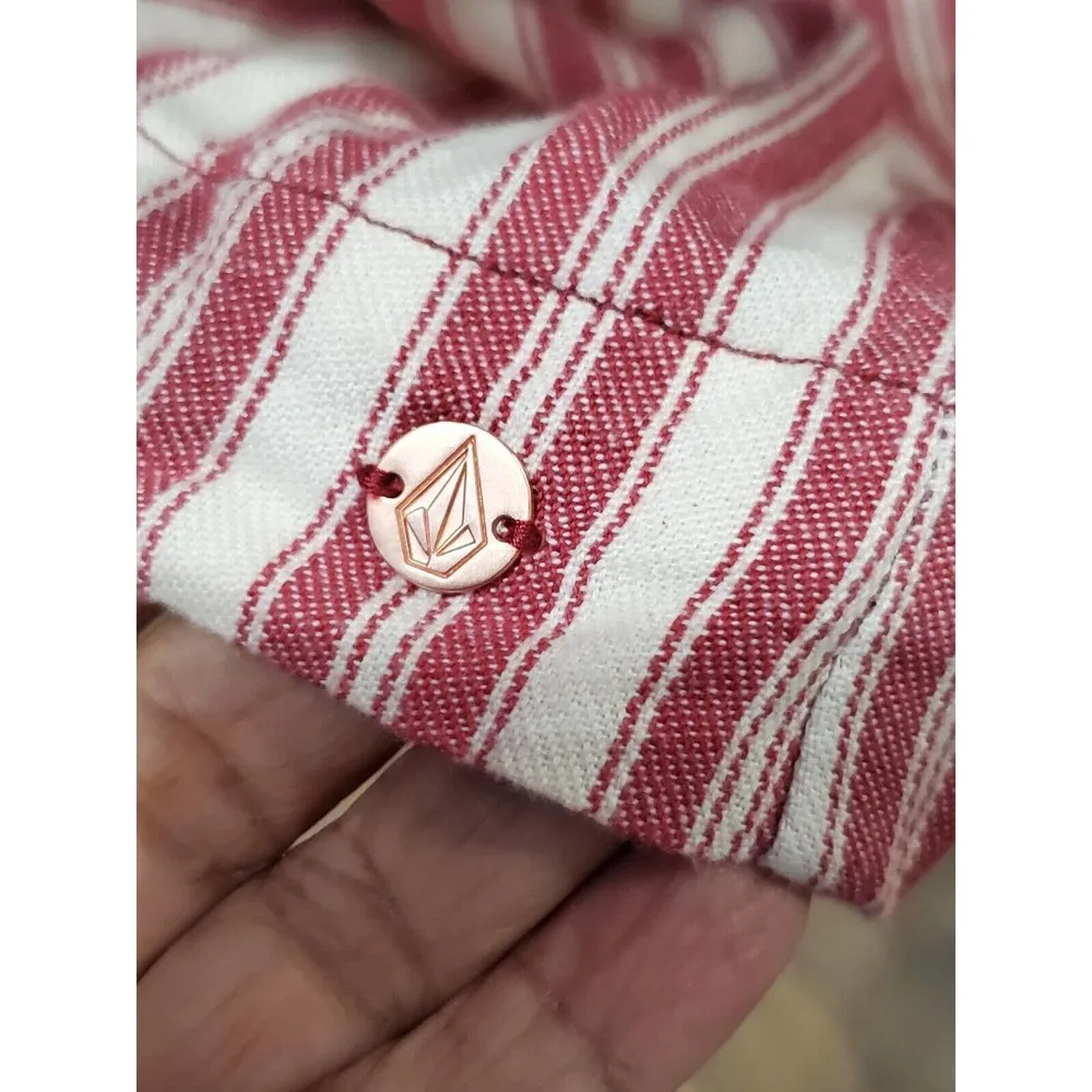 Volcom Red/ Ivory Stripe "Pull Here" Wrap Dress Soft Cotton Size Small - Image 8