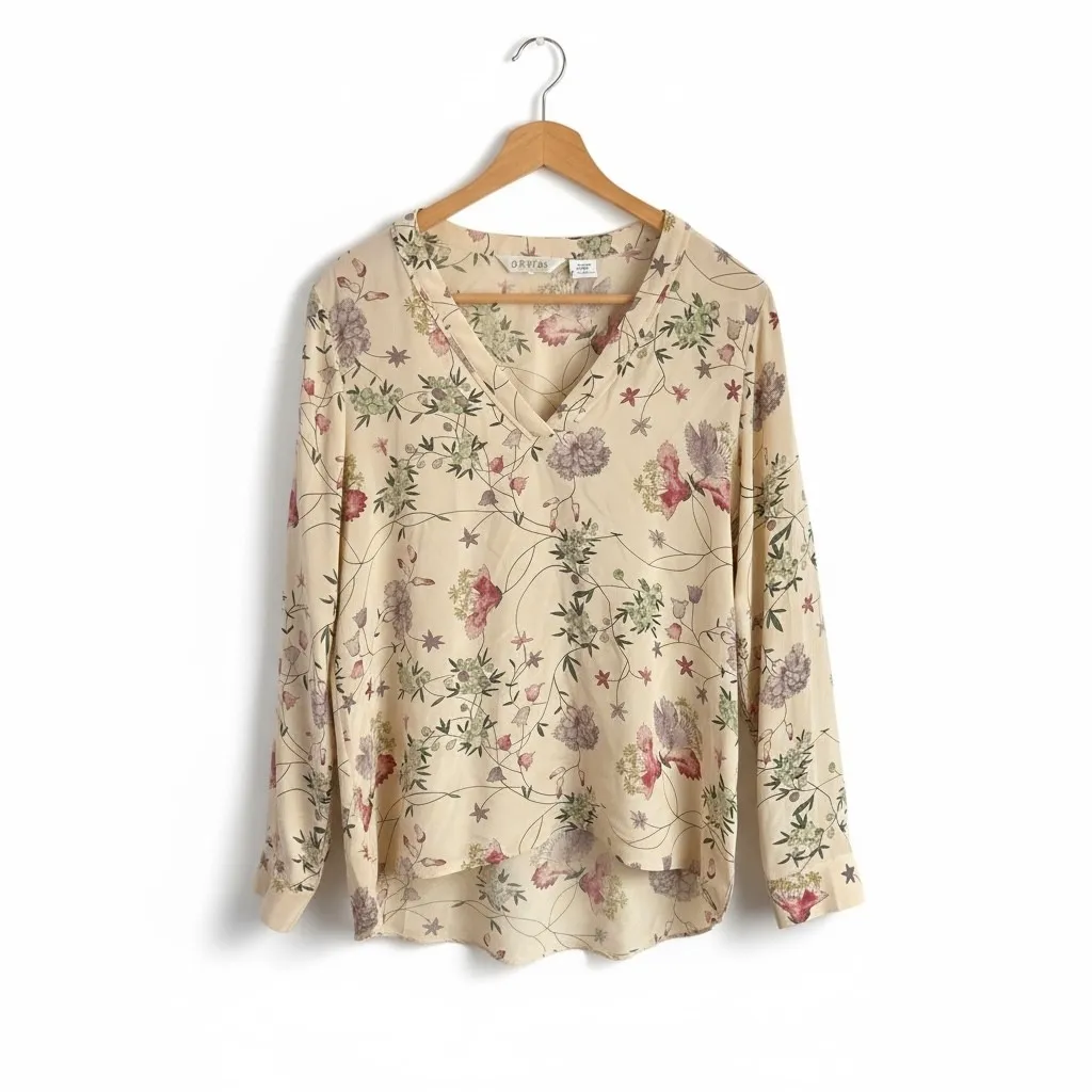 ORVIS Womens Beige Silk Floral Print Long Sleeve V Neck Blouse Top - Image 5
