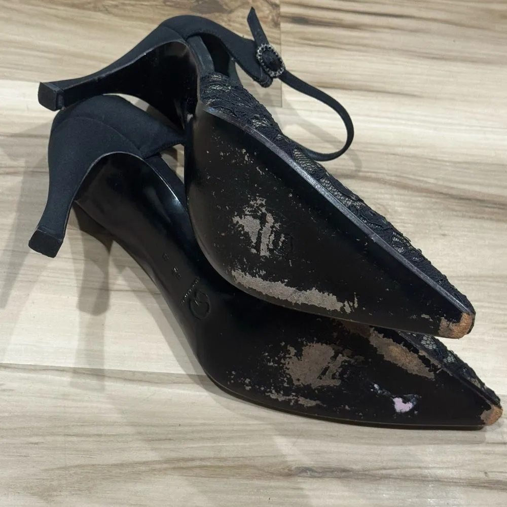 St John Italian Pumps Pointed Toe Kitten Heels Black Lace Sparkle Women’s 8.5 - Image 4