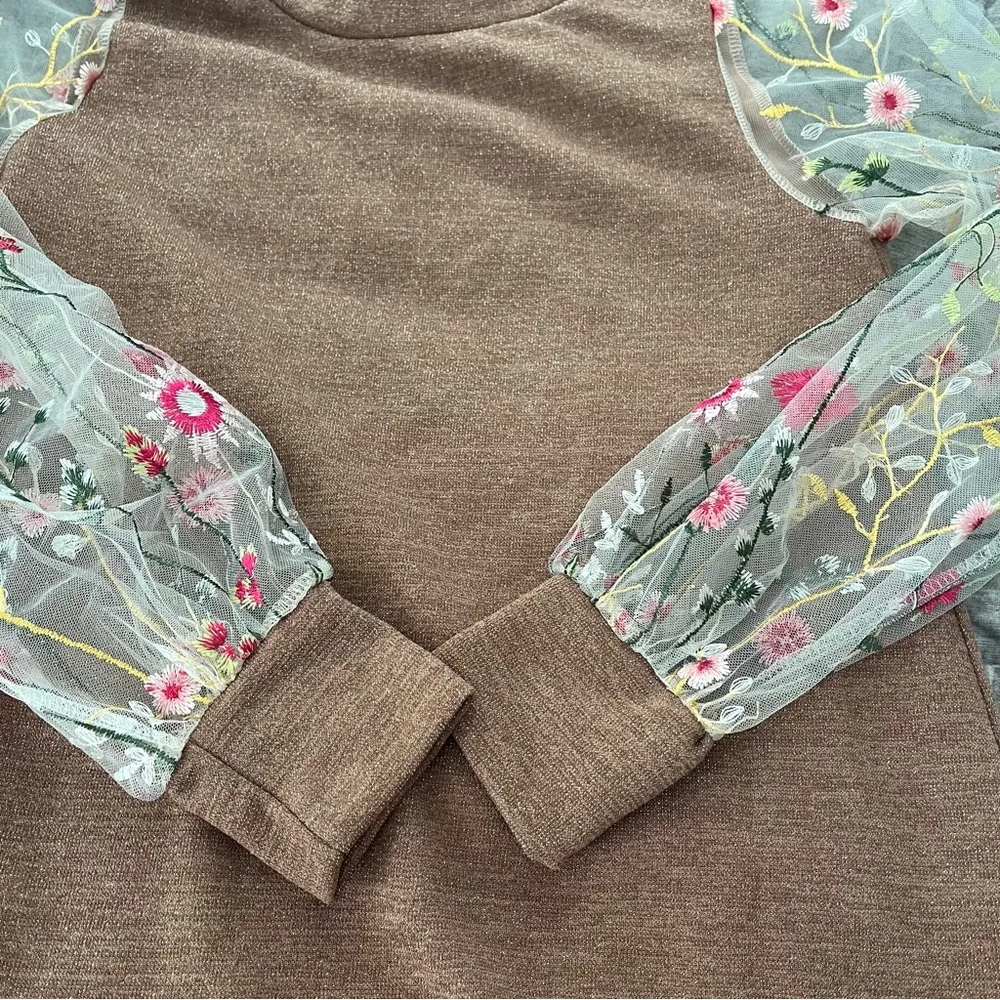 Renee C. Brown Metallic Dress with Sheer Mesh Embroidered Long Sleeves; Sz M - Image 14