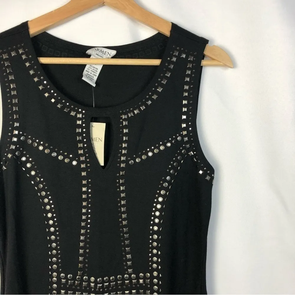 Carmen Marc Valvo Black Gold Studded Sleeveless Sheath Dress S - Image 3
