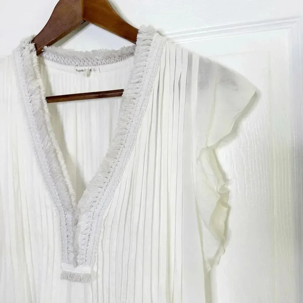 POUPETTE St. Barth Size S White Sasha Crochet Pleated Flutter Sleeve‎ Mini Dress - Image 3