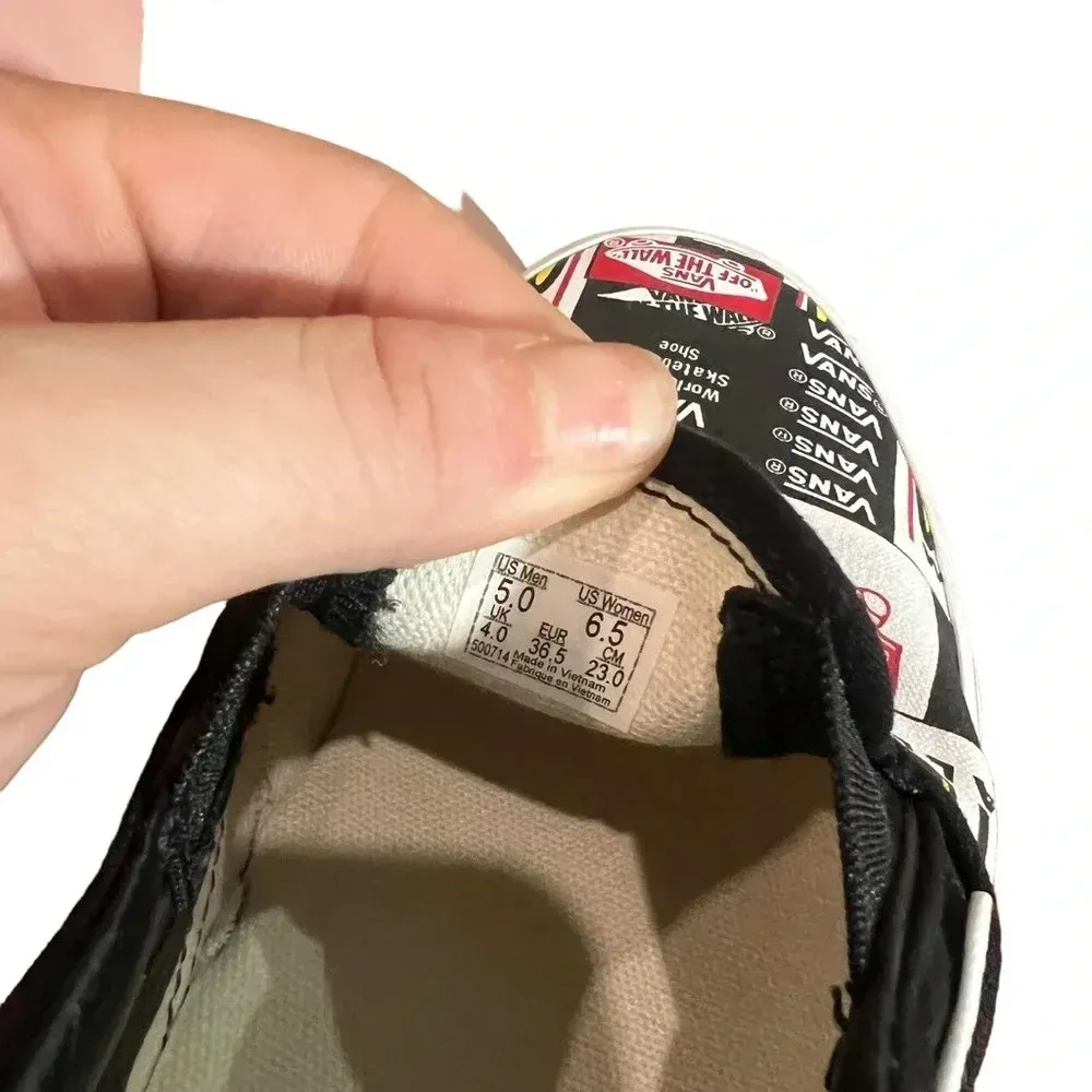 VANS Black All Over Logo Print Classic Slip-Ons Men 5/ Women's 6.5‎ - Image 7