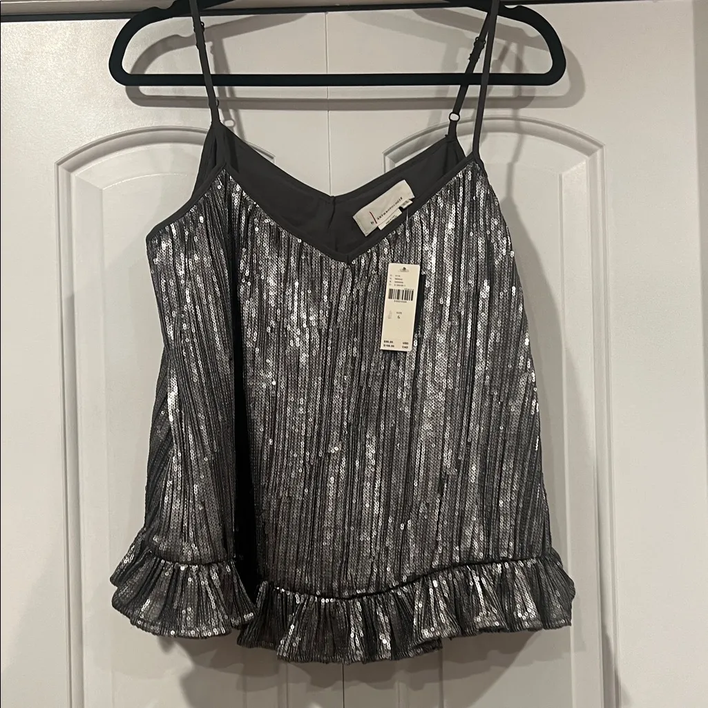 Anthropologie Metallic Silver Ruffle Cami size‎ 6 - Image 2