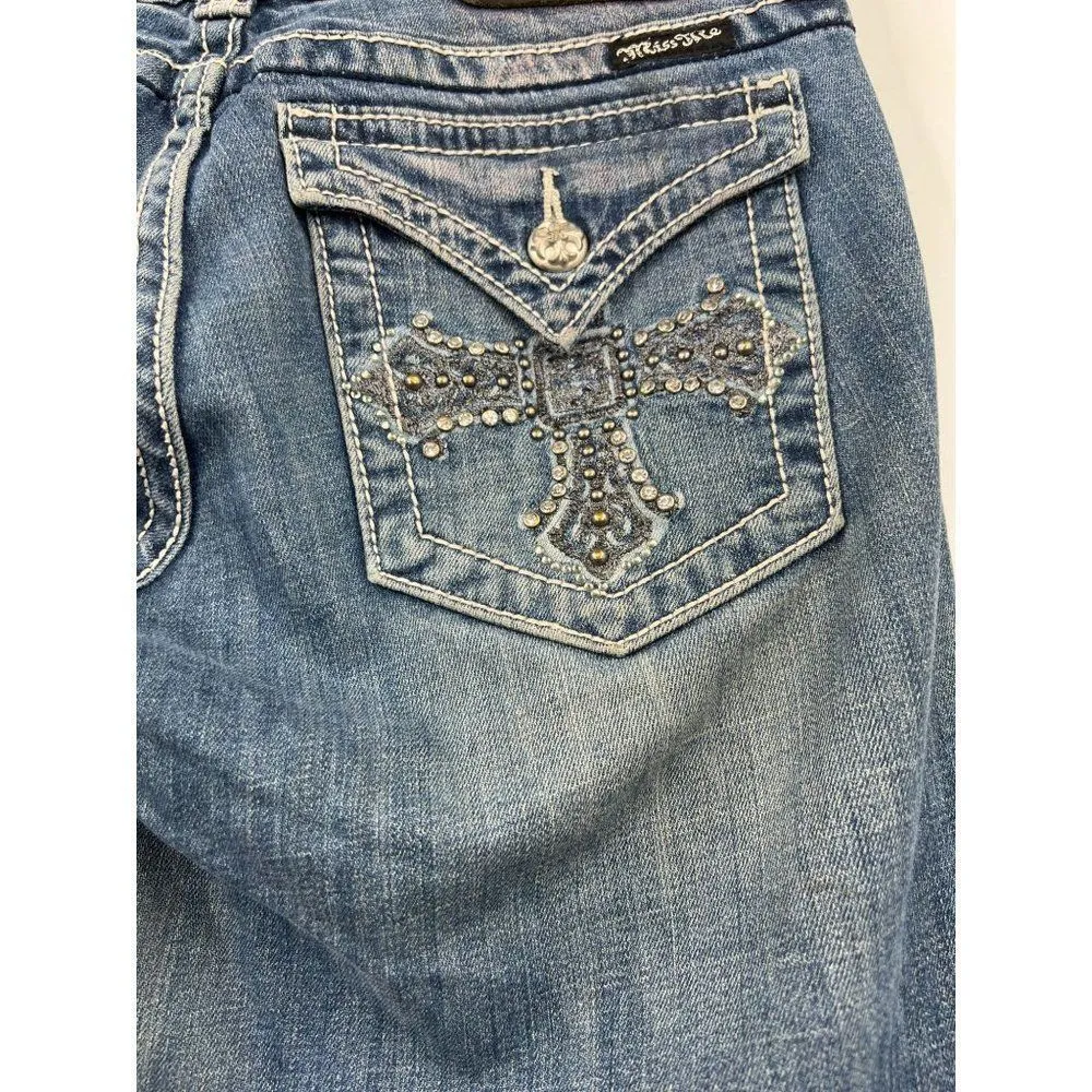 Miss Me Crop Capri Denim Jeans Dark Stone Wash Cross‎ Flap Blue Rhinestone Sz 30 - Image 8