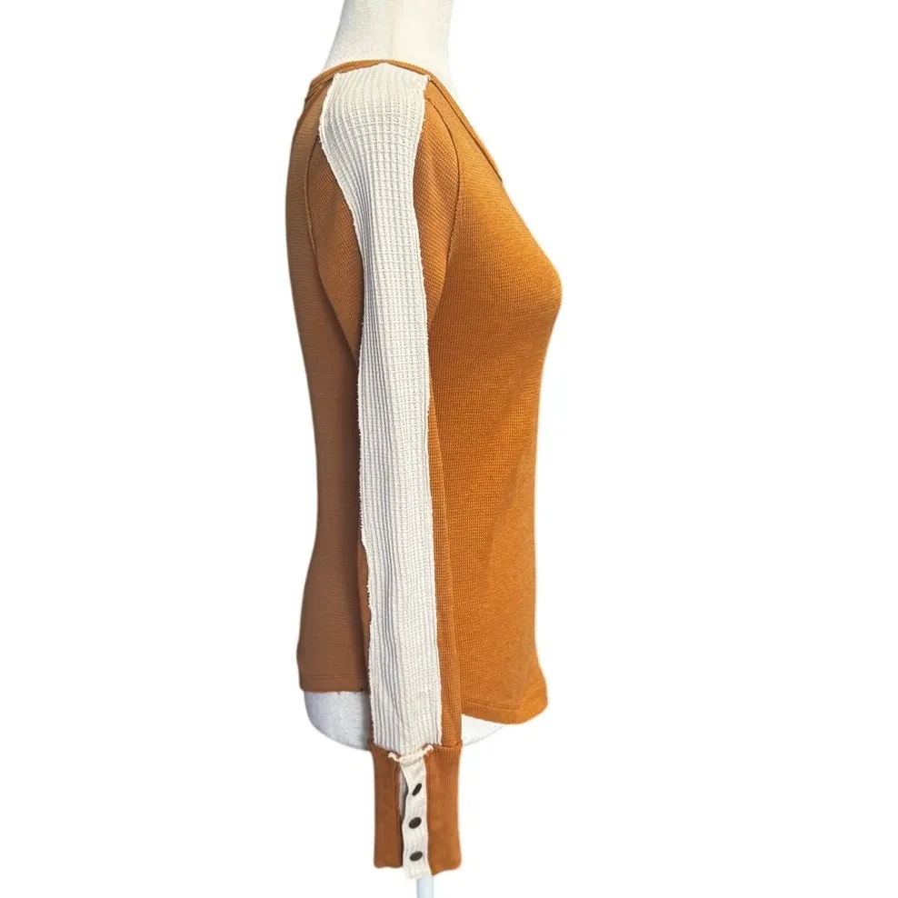 We The Free Colorblock Stripe Thermal Henley Tee Mustard Ochre and Ivory– XS - Image 3