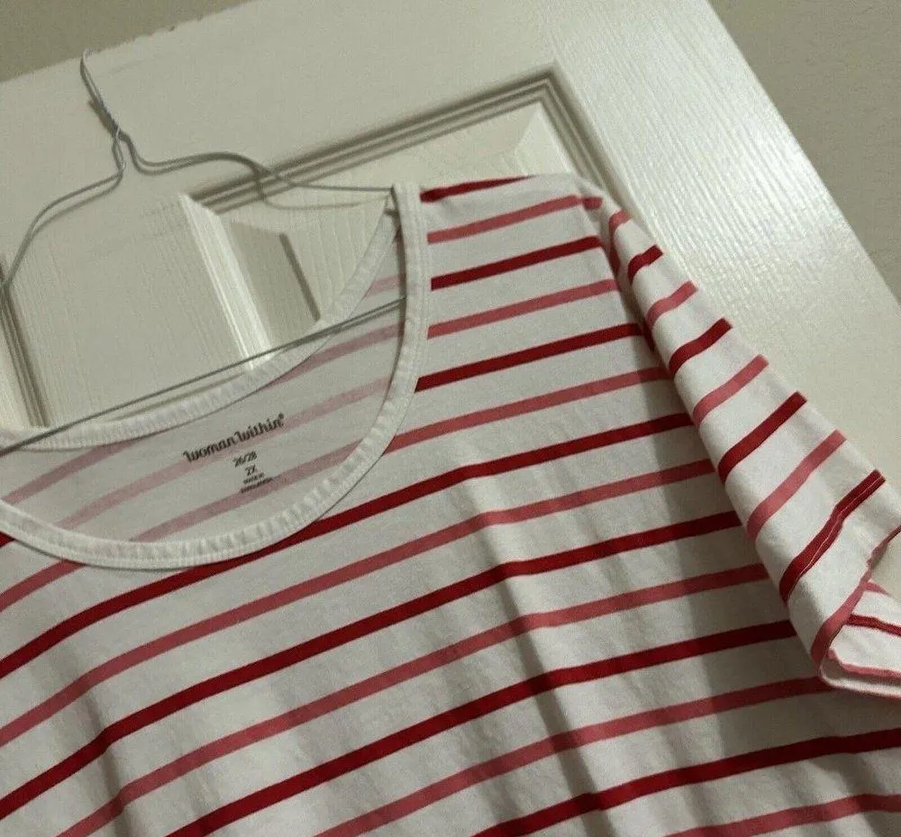 Woman Within Plus Size 26/28 2X Short Sleeve T Shirt White Stripe Red/Pink - Image 10
