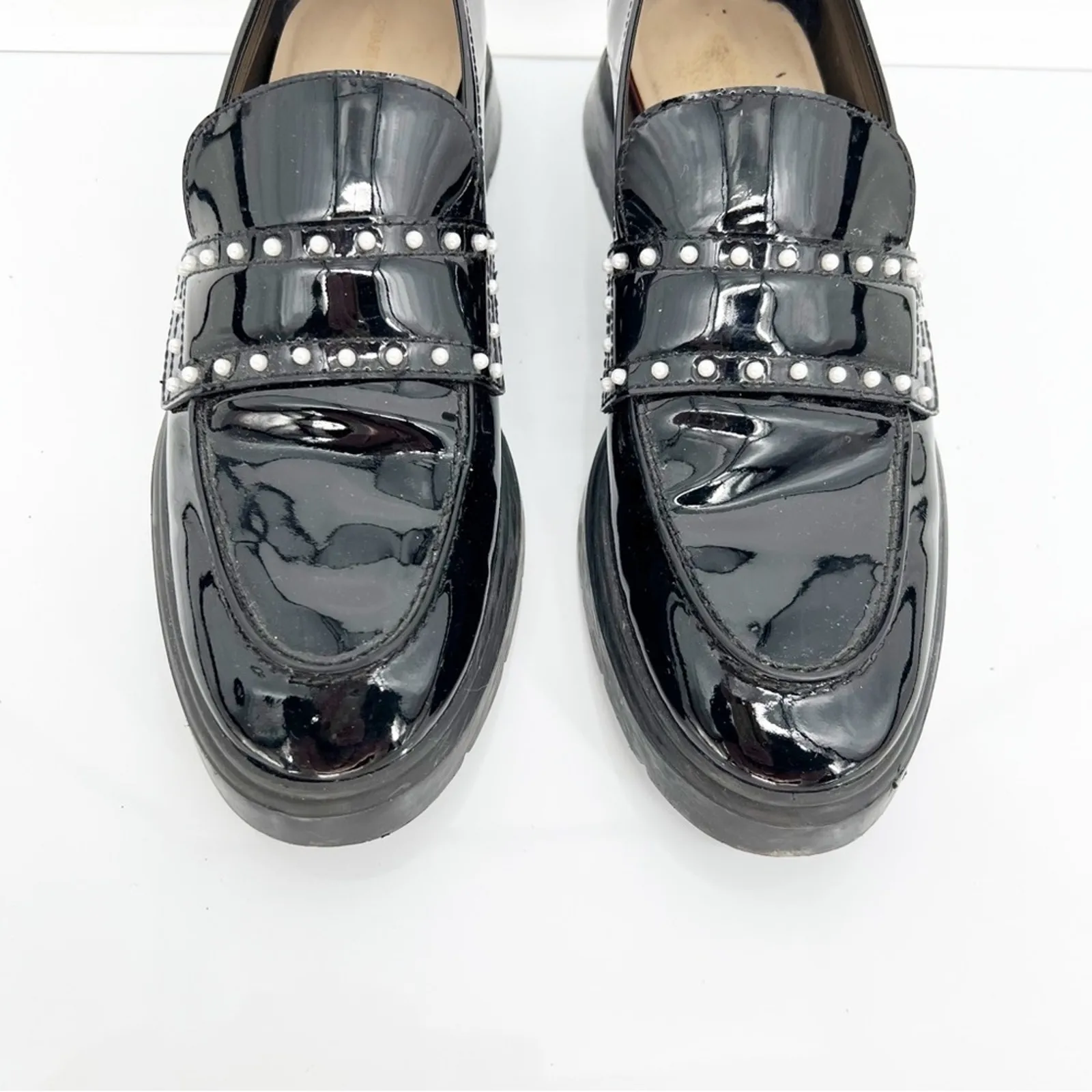 Stuart Weitzman Darcy Faux Patent‎ Leather Pearl Loafer 10.5 Black - Image 3
