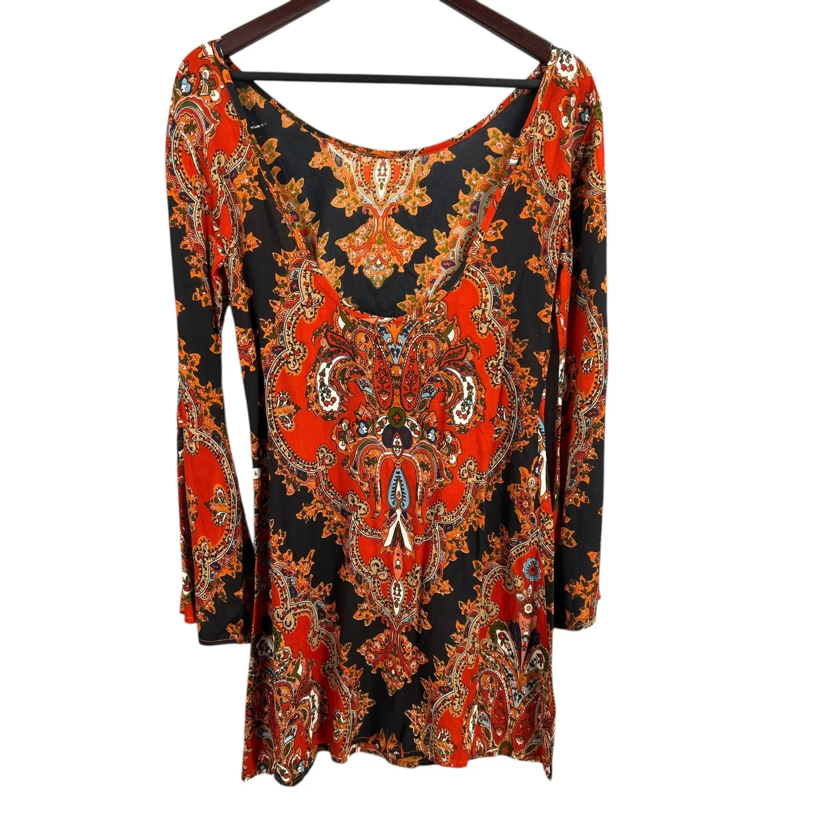 Raga Boho Paisley Mini Dress Black Red Low Back Flutter Sleeve XS New - Image 3