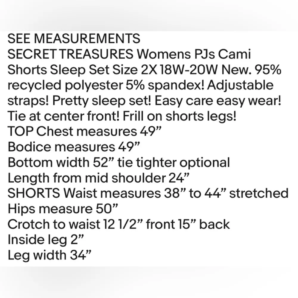 Womens SECRET TREASURES PJs Cami Top Tie Front Shorts Set Size 2X 18W-30W New - Image 5