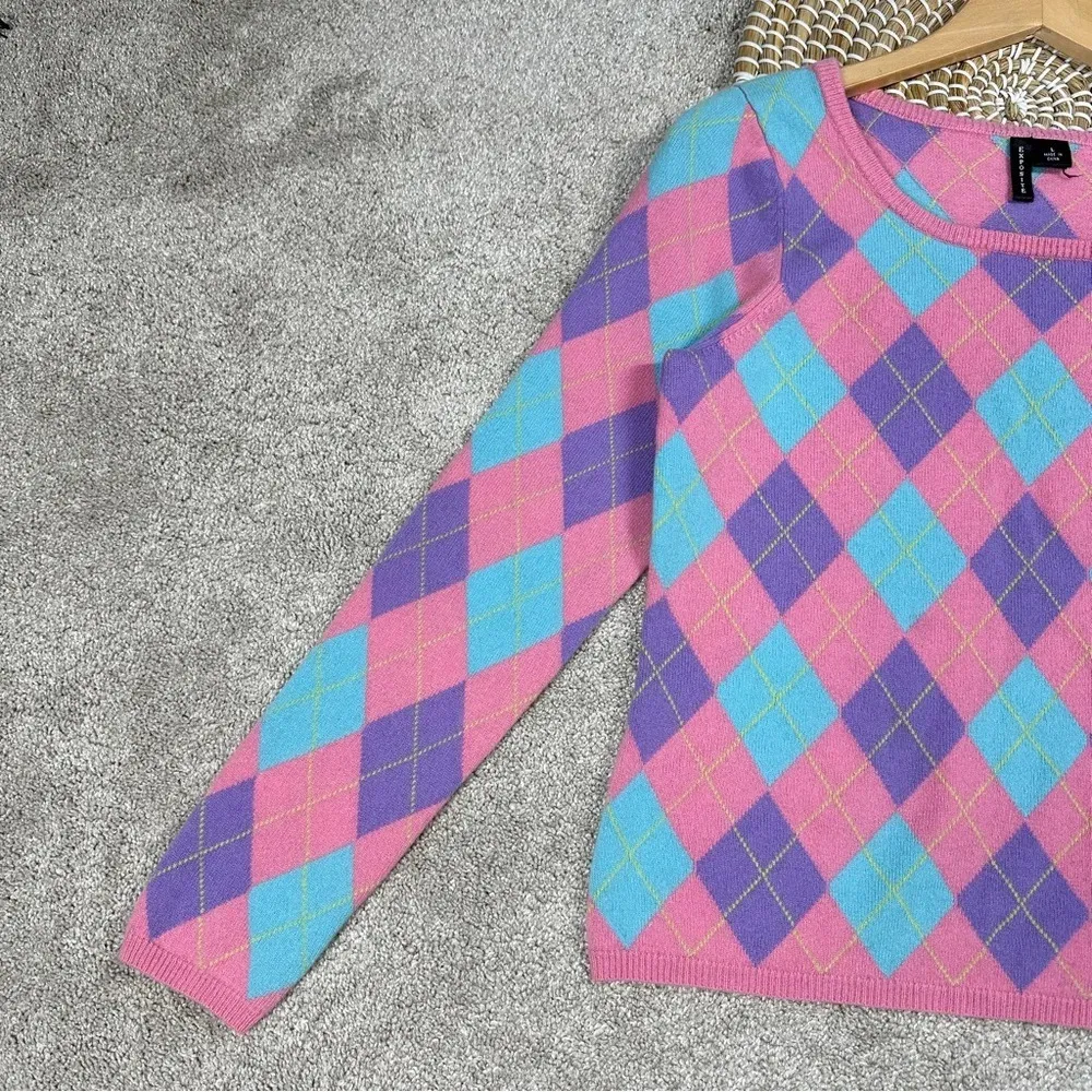 Exposite 100% Cashmere Sweater Long Sleeve Argyle Buffalo Plaid Check Pink L Size L - Image 3