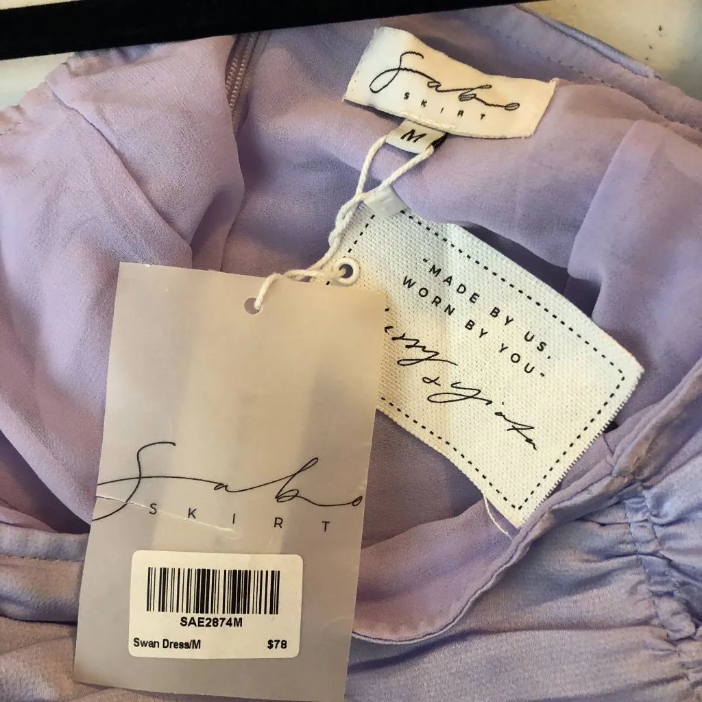 Sabo Skirt Swan Dress Mini Ruched Puff Sleeves Satin Light Purple M - Image 3