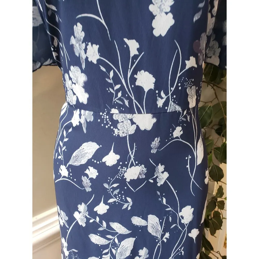 Long Maxi Dress Womens 2XL Blue Floral Lined Short Sleeve Round Neck Lace Insert Size XXL - Image 5