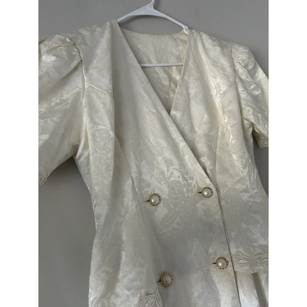 Vintage White Floral Midi Dress With Gold Button Details Size M - Image 3