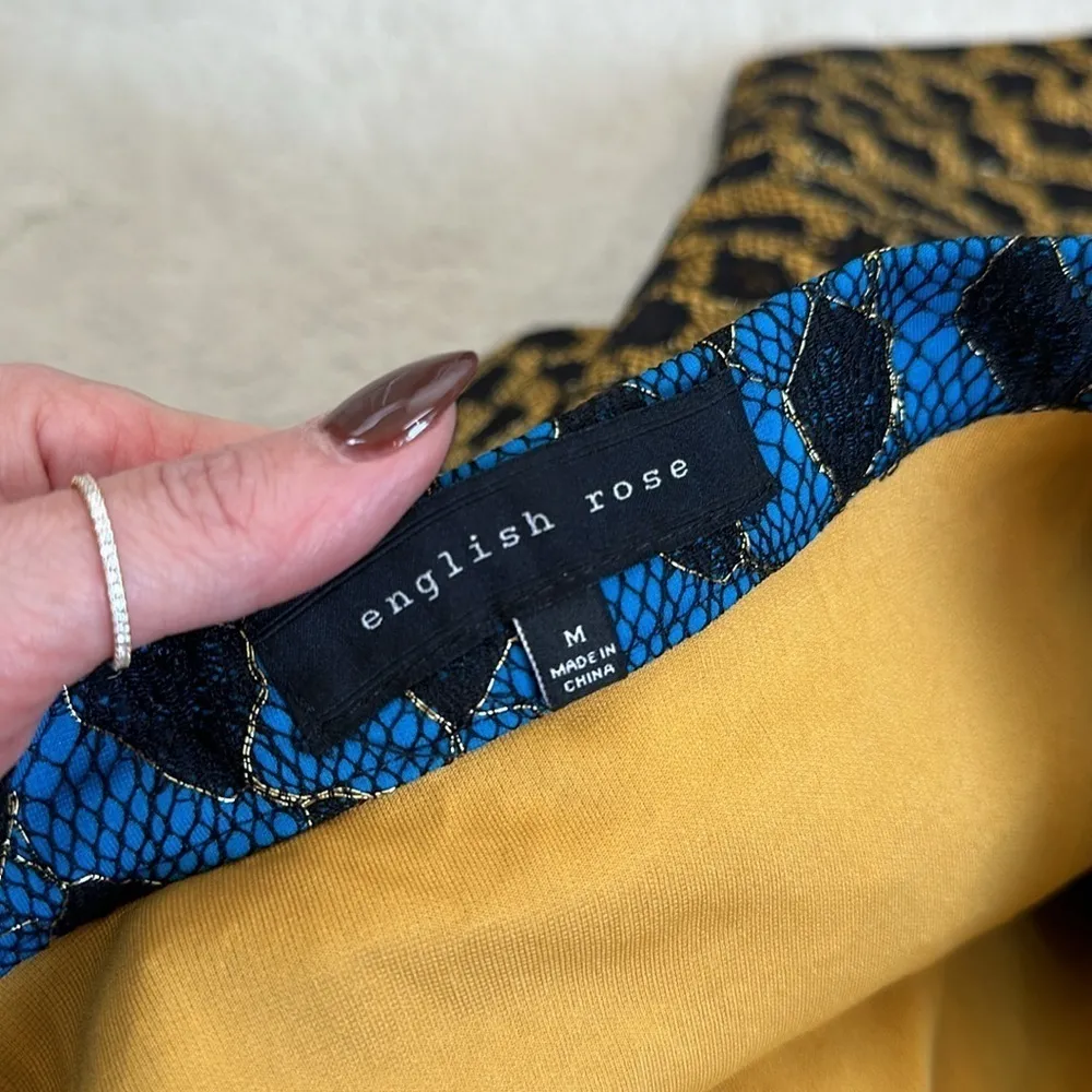 English Rose Leopard Print Yellow, Blue & Black Lace A-Line Mini Skirt Size M - Image 6
