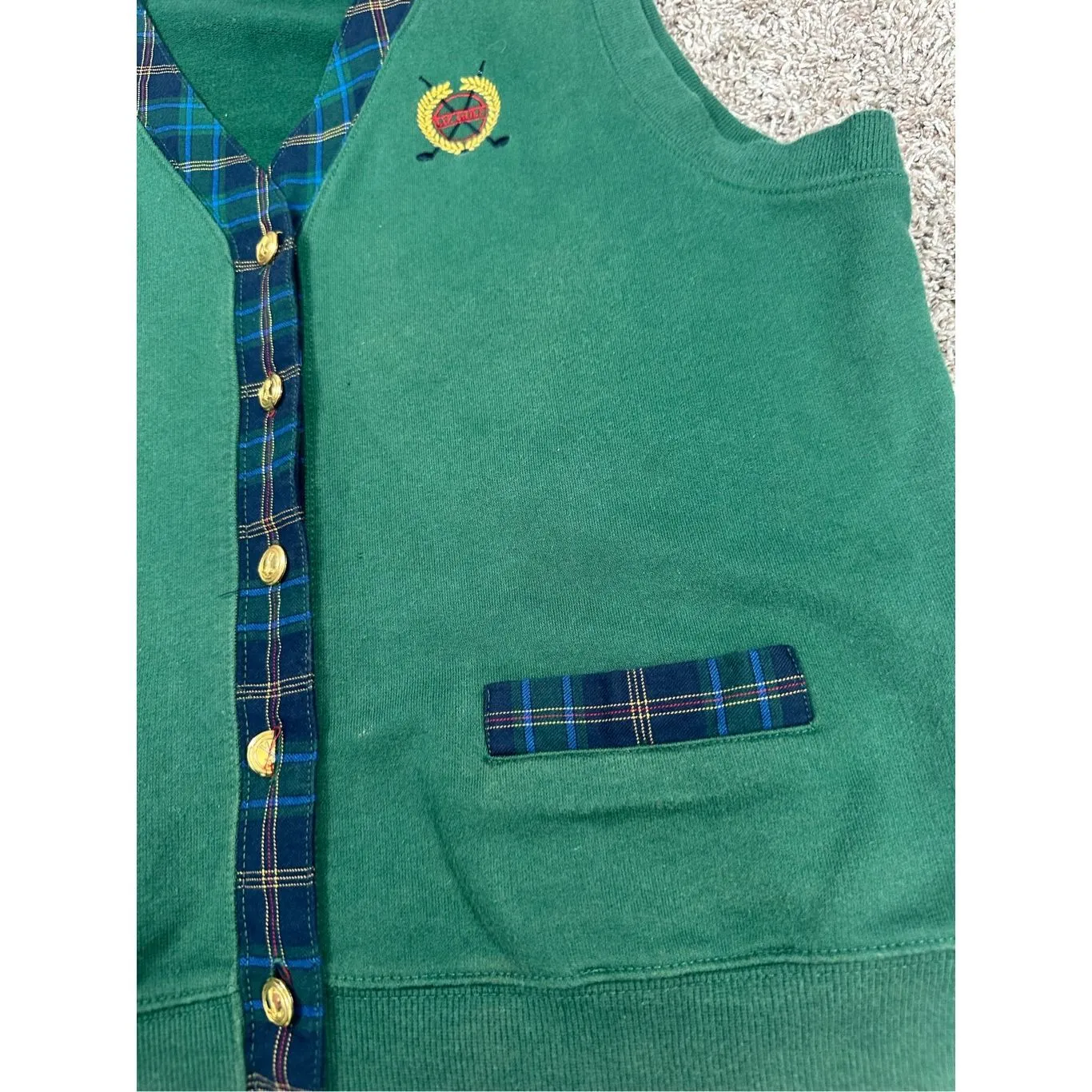 Vtg Lizsport Golf Preppy Tennis Sweater Vest V Neck Button Up Plaid Green/Blue L - Image 6
