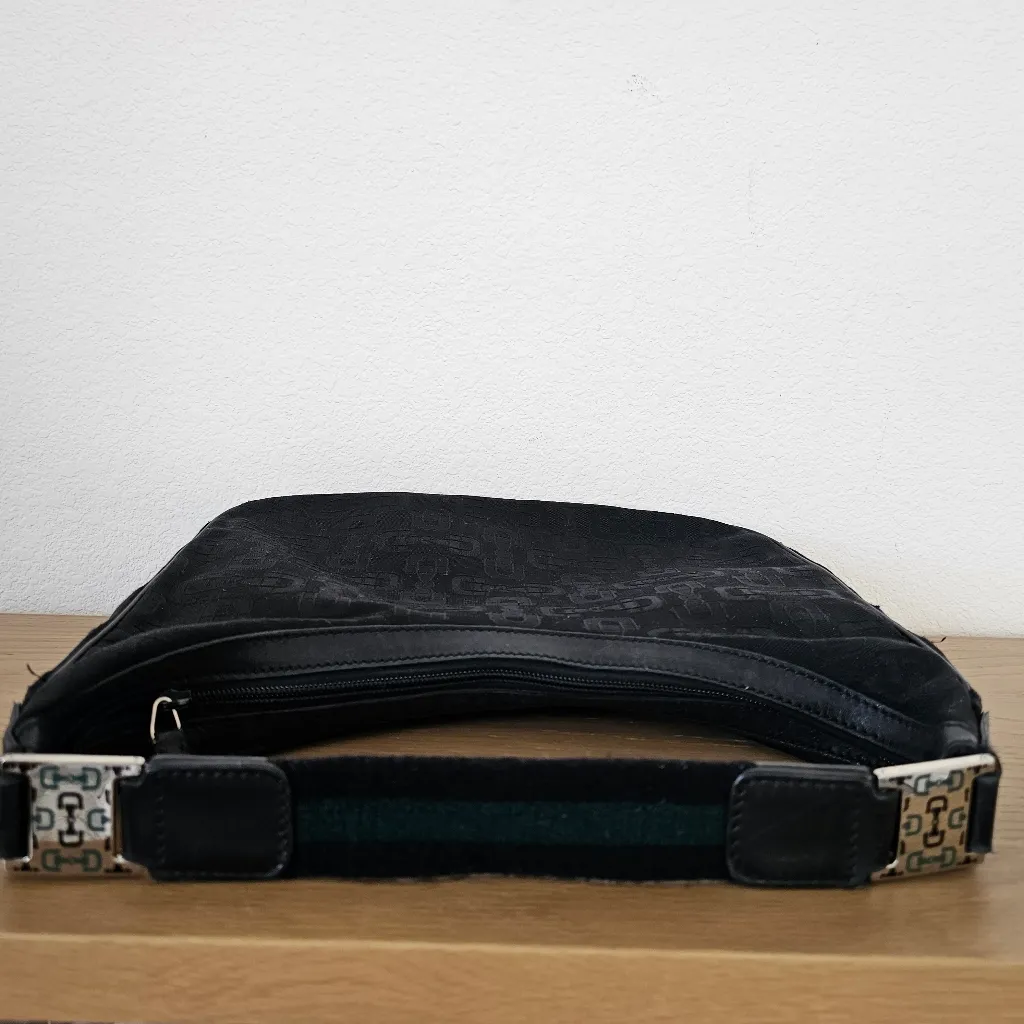 GUCCI Handbag Rare Horsebit Jacquard Canvas Black Green Stripe Bag purse - Image 11