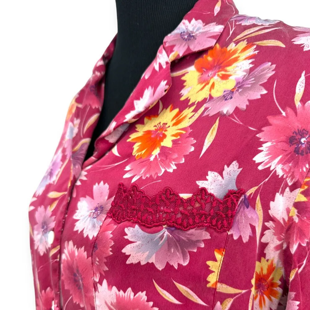Private Luxuries | Medium | 100% Silk and Lace Pink Floral Pajama Sleepwear Set - Image 5