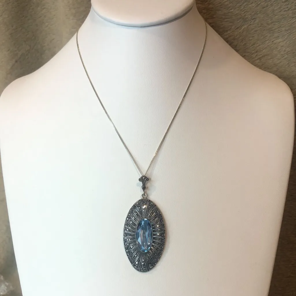 Sterling Silver Necklace with Faceted Blue Topaz and Marcasite Oval Pendant - Image 13