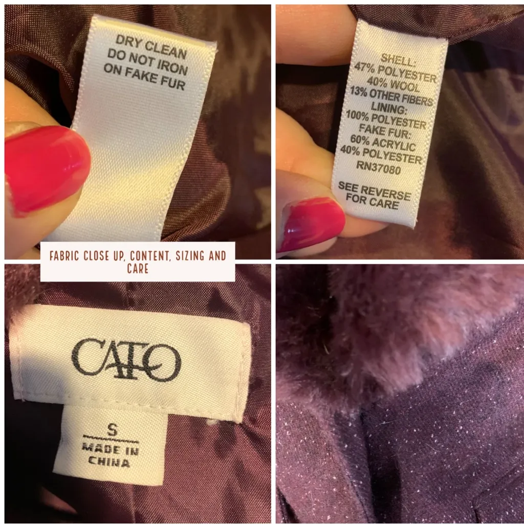 CATO BURGUNDY PURPLE WOOL BLEND BLAZER W/FAUX FUR COLLAR (S) - Image 11
