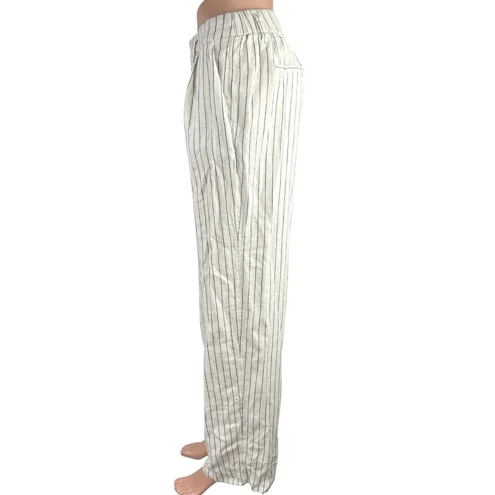 A New Day White Linen Striped Straight Wide Leg High Rise Pleat Trousers Pants 2 - Image 2