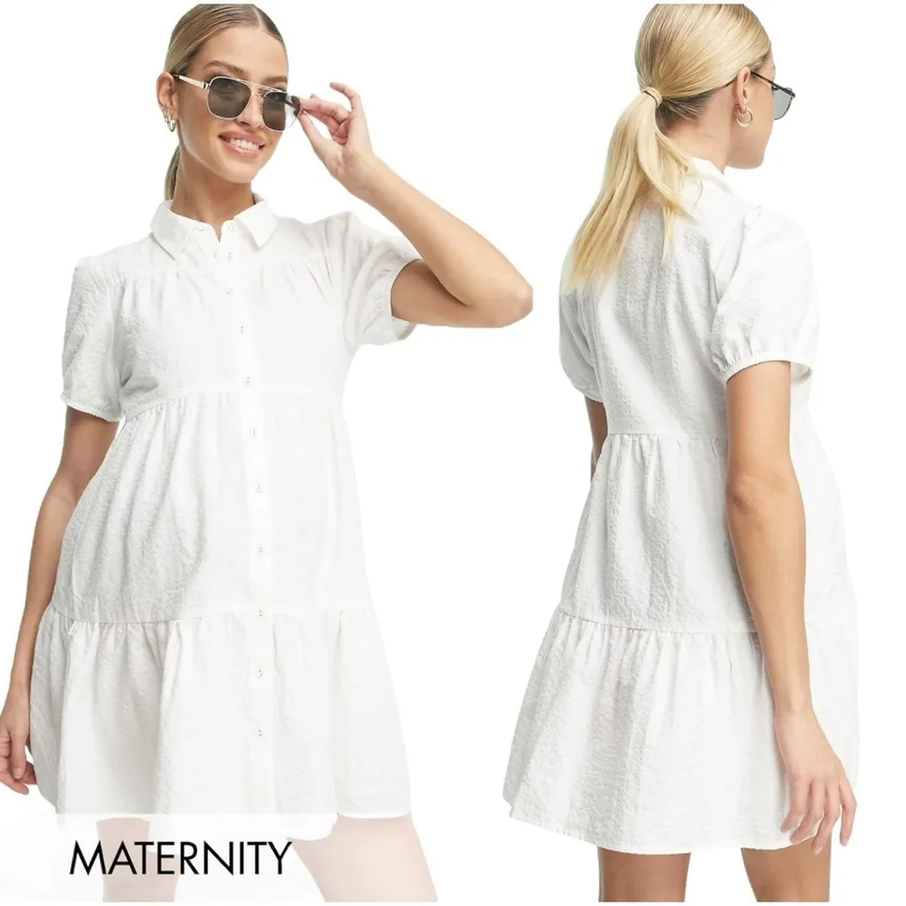 Cotton On Maternity White Tiered Button Down Shirt Dress Size Medium - Image 2